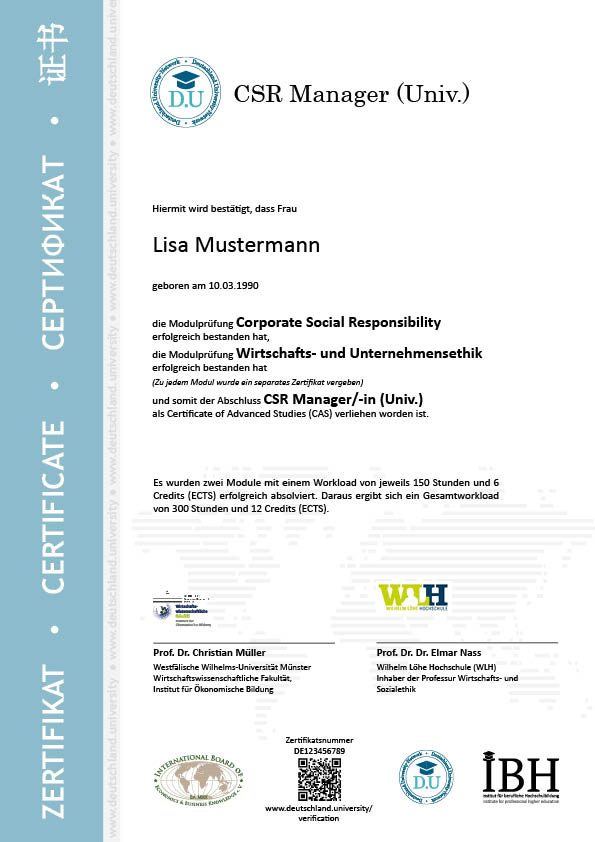 Musterzertifikat CSR Manager/-in (Univ.)